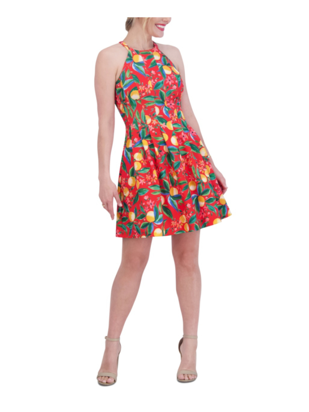 Vince Camuto Size 4 Citrus Print Red Scuba Crepe Halter Sleeveless Dress NWT